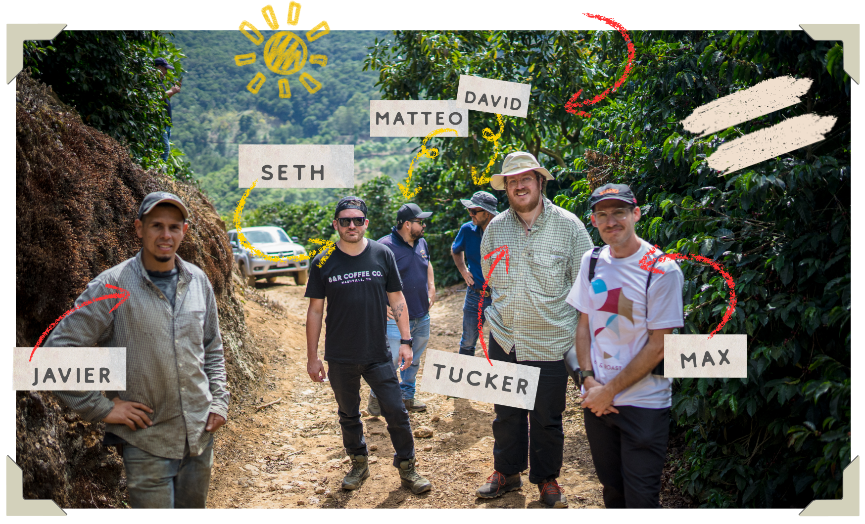 Group photo in nature. People in the photo ltr Javier, Seth, Matteo, David, Tucker, and Max
