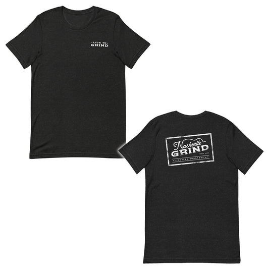 Nashville Grind Logo Tee in black heather shown front and back on a white background, with the Live to Grind left chest print and the Nashville Grind Coffee Roasters stamp logo on the back