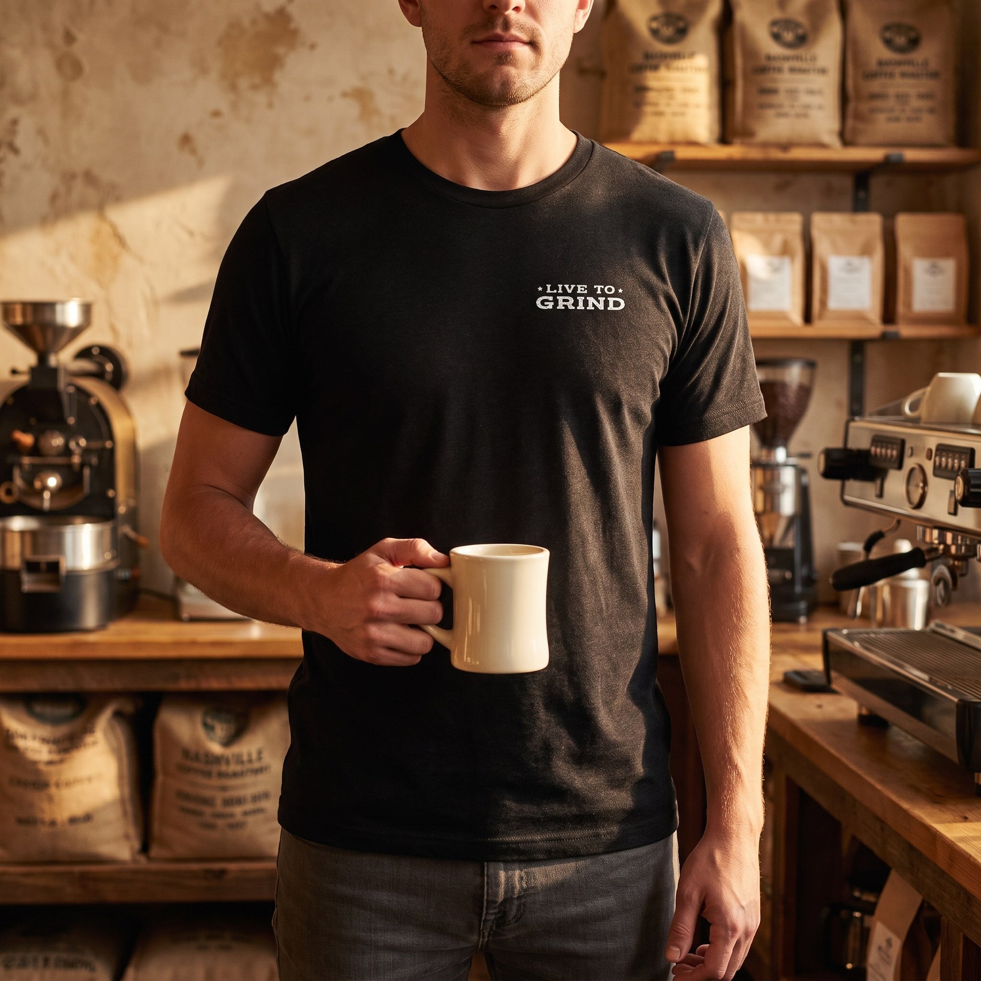 Man wearing the Nashville Grind Logo Tee in black heather with the Live to Grind chest print, holding a coffee mug in a Nashville coffee roastery